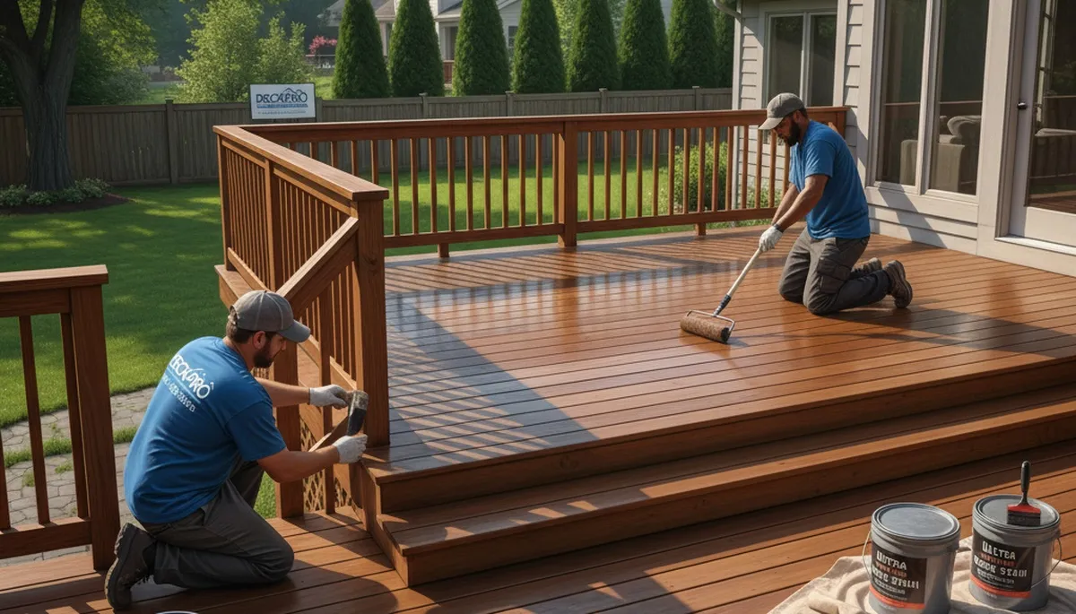 Professional deck staining in Arlington, TX by Arlington Paint Pros protecting wood from sun and humidity