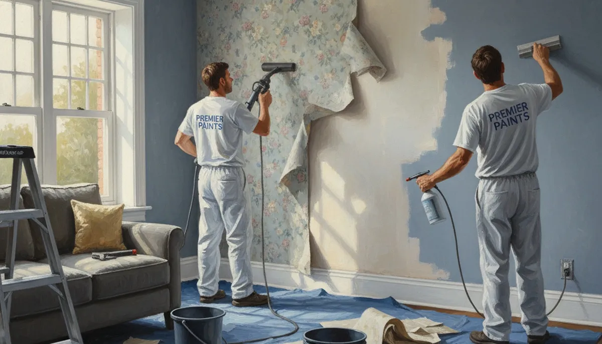 Arlington, TX painters removing wallpaper and prepping walls for painting in a home